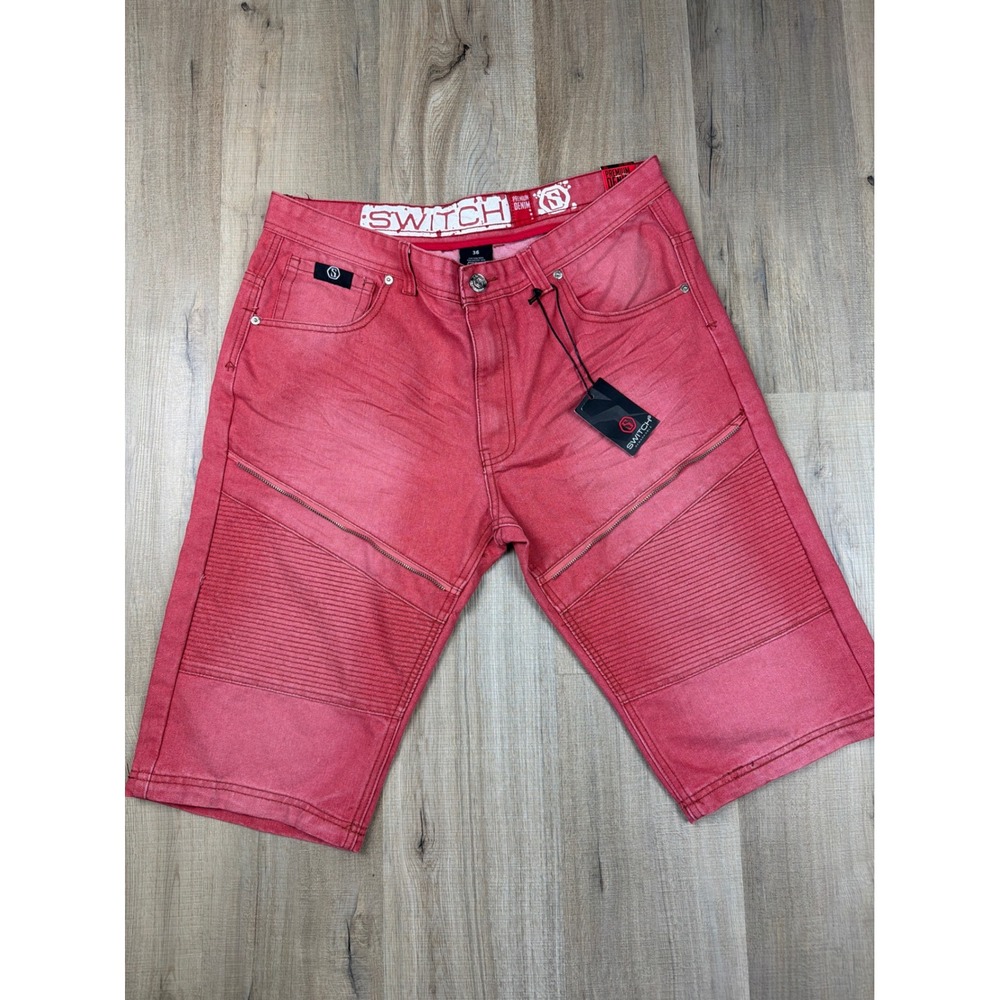 Switch Remarkable Mens Red Moto Biker Denim Shorts Slim Fit Size 36 NWT